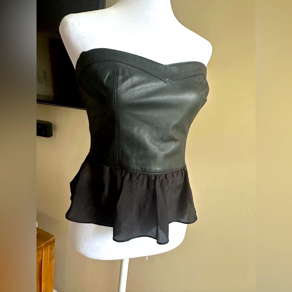 Bebe Real leather Elegant Black Strapless peplum bustier top  Top XS 2